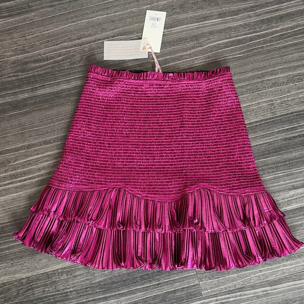 LoveShackFancy Metallic Fuchsia Ruffle Mini Skirt